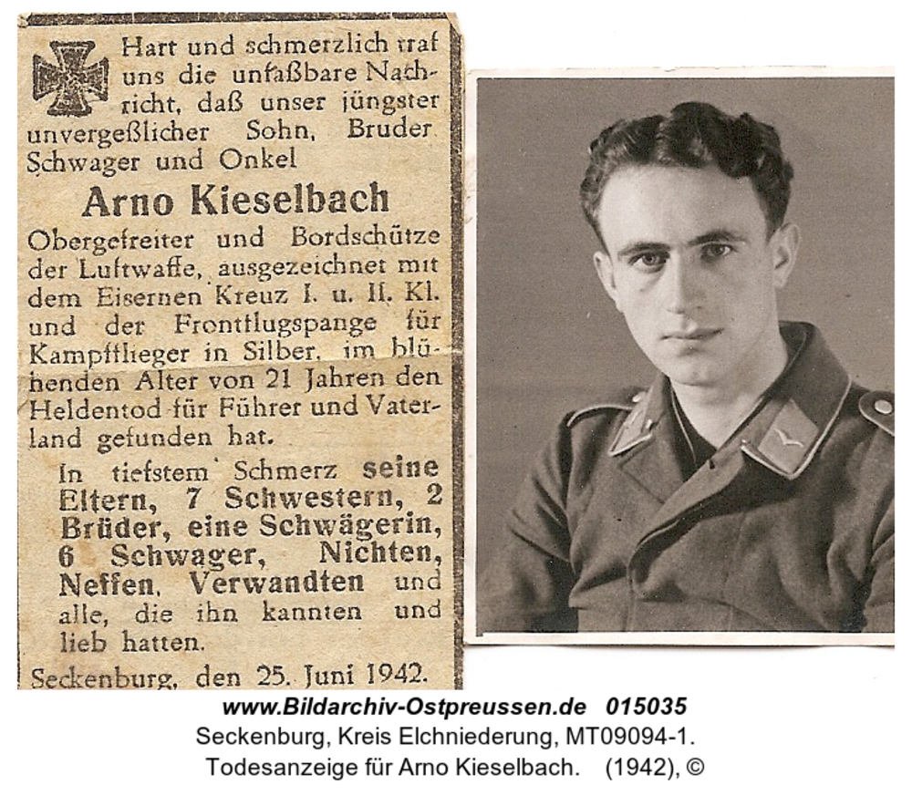 Seckenburg, Todesanzeige für Arno Kieselbach