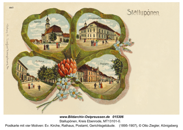 Stallupönen, Postkarte mit vier Motiven: Ev. Kirche, Rathaus, Postamt, Gerichtsgebäude