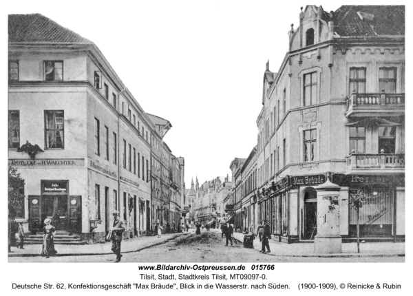 Tilsit, Deutsche Str. 62, Konfektionsgeschäft "Max Bräude", Blick in die Wasserstr. nach Süden