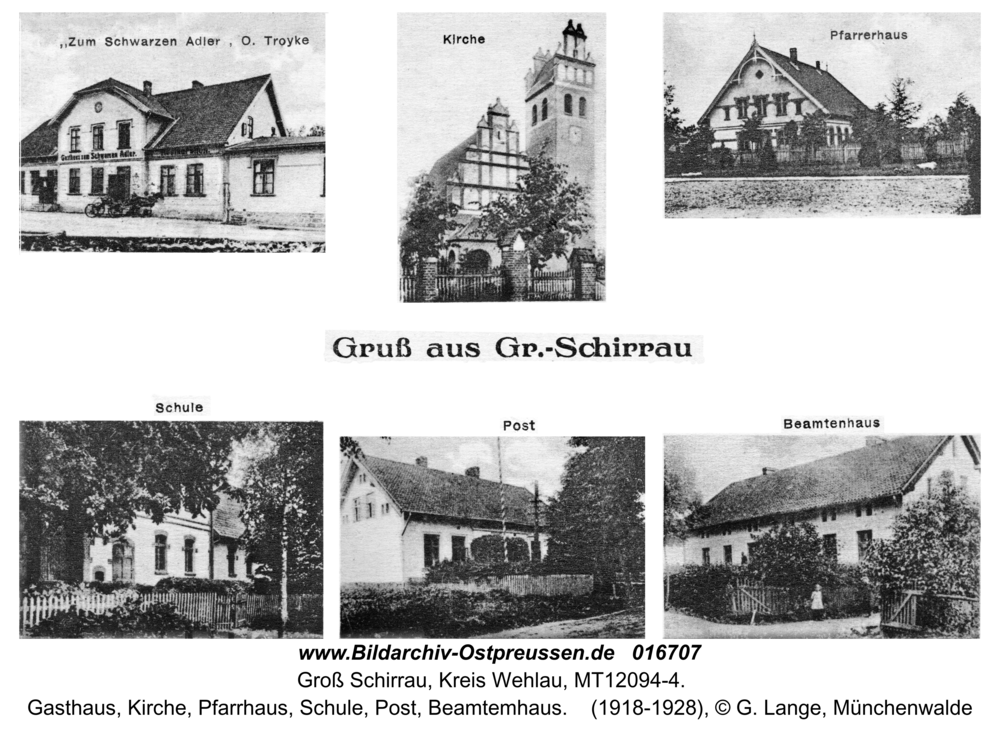 Groß Schirrau, Gasthaus, Kirche, Pfarrhaus, Schule, Post, Beamtemhaus