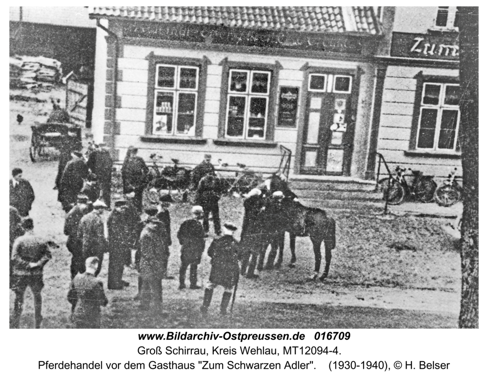 Groß Schirrau, Pferdehandel vor dem Gasthaus "Zum Schwarzen Adler"