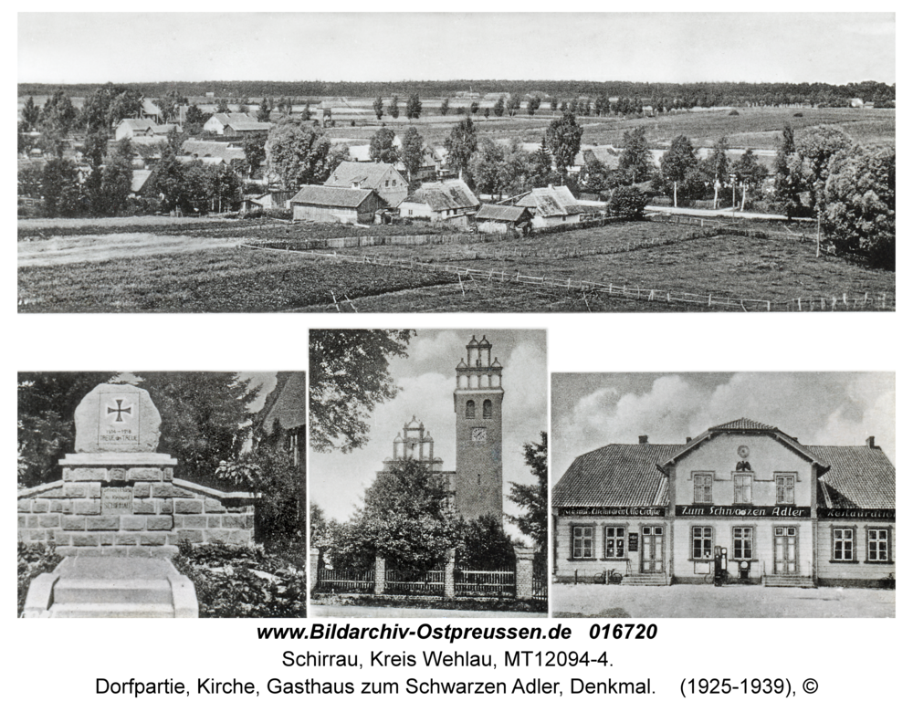 Schirrau, Dorfpartie, Kirche, Gasthaus zum Schwarzen Adler, Denkmal