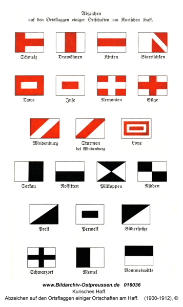 Kurisches Haff, Abzeichen auf den Ortsflaggen einiger Ortschaften am Haff