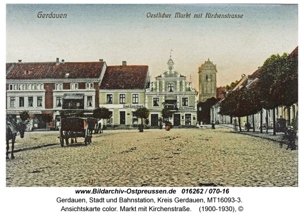 Gerdauen, Ansichtskarte color. Markt mit Kirchenstraße