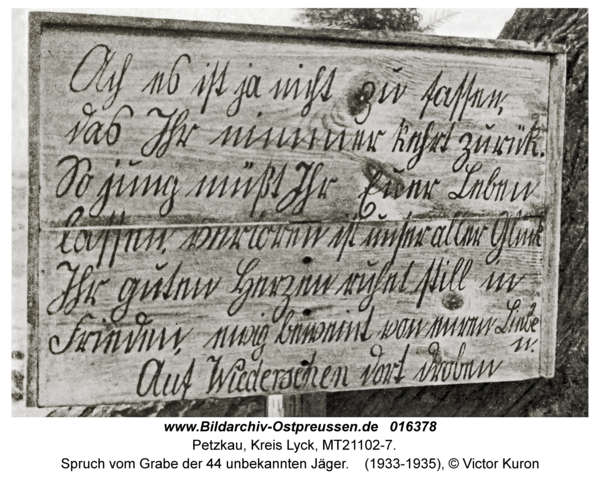 Petzkau, Spruch vom Grabe der 44 unbekannten Jäger