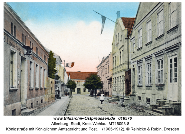 Allenburg, Königstraße mit Königlichem Amtsgericht und Post