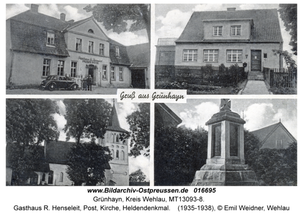 Grünhayn, Gasthaus R. Henseleit, Post, Kirche, Heldendenkmal