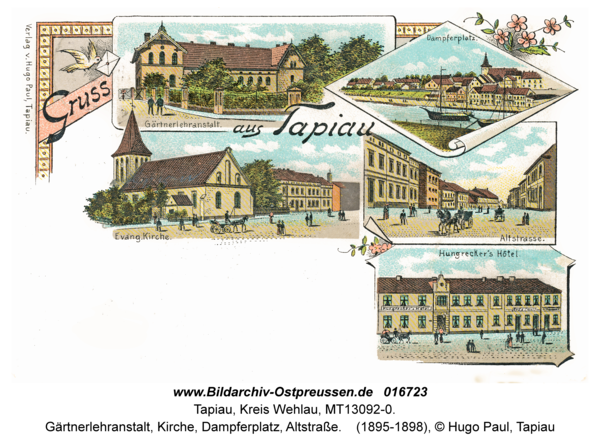 Tapiau, Gärtnerlehranstalt, Kirche, Dampferplatz, Altstraße