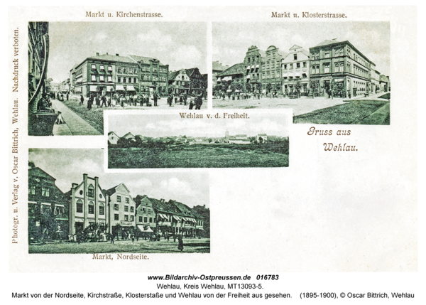 Wehlau, Markt von der Nordseite, Kirchstraße, Klosterstaße und Wehlau von der Freiheit aus gesehen