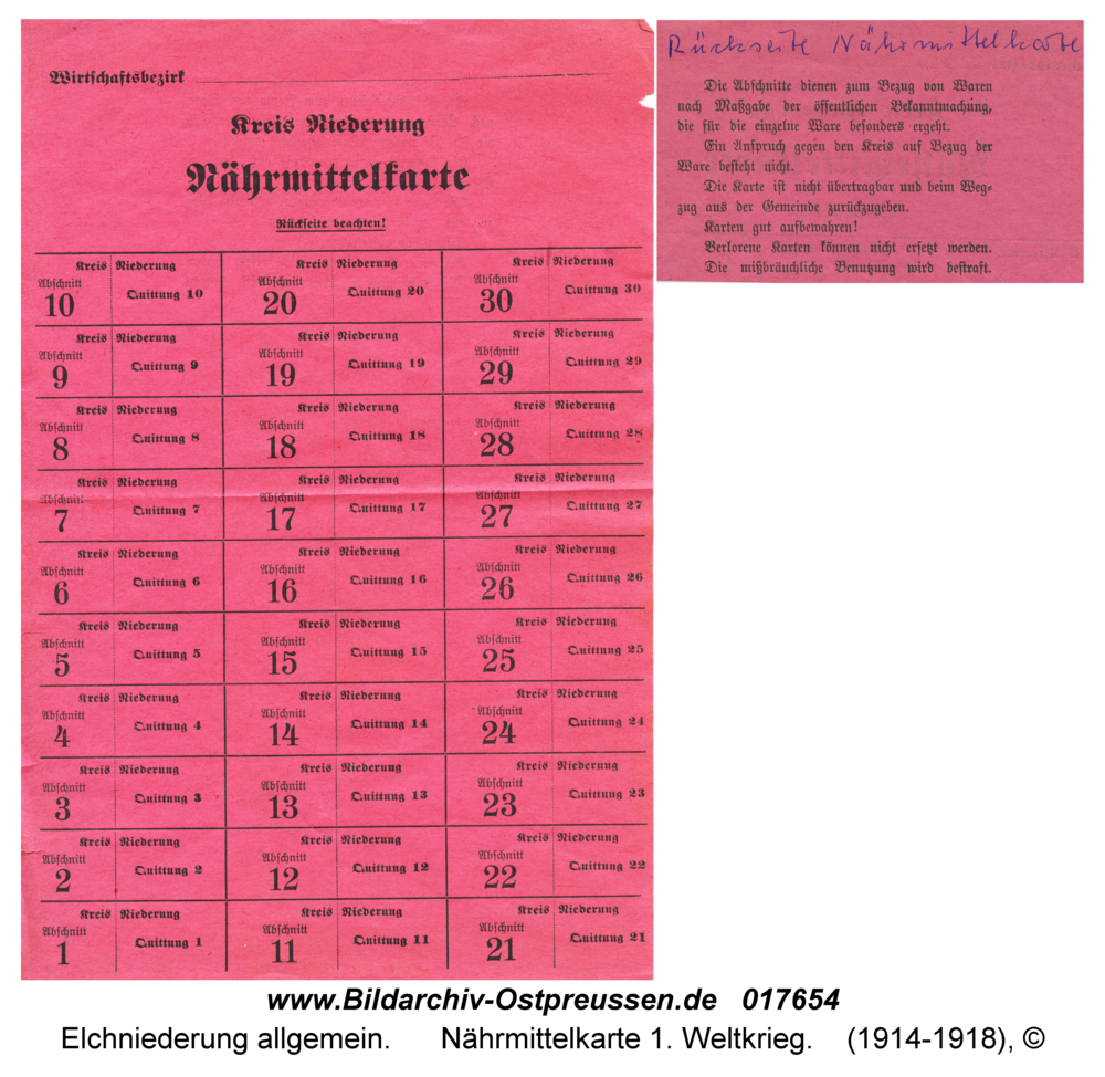 Elchniederung, Nährmittelkarte 1. Weltkrieg