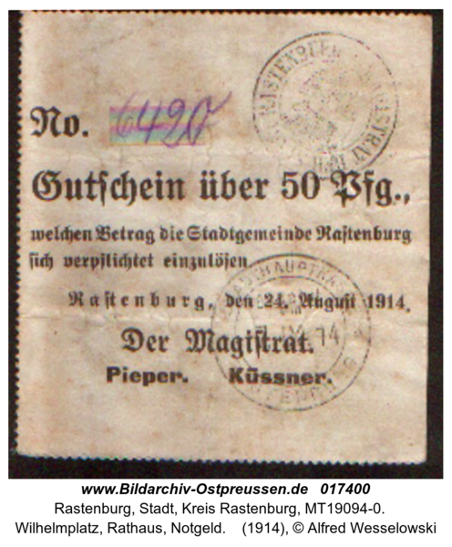 Rastenburg, Wilhelmplatz, Rathaus, Notgeld