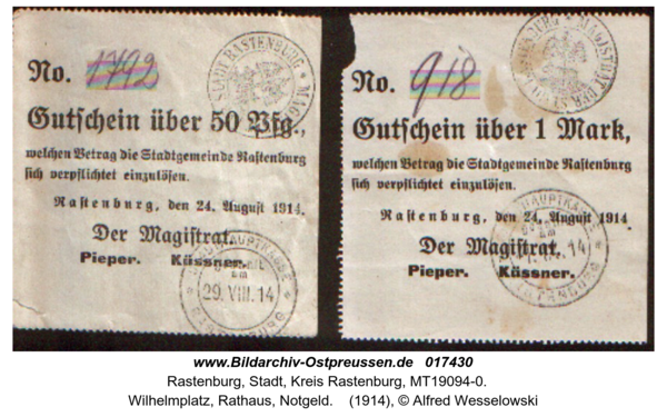 Rastenburg, Wilhelmplatz, Rathaus, Notgeld