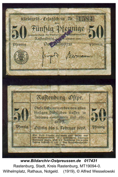 Rastenburg, Wilhelmplatz, Rathaus, Notgeld