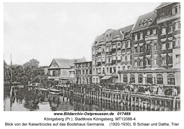 Königsberg, Blick von der Kaiserbrücke auf das Bootshaus Germania