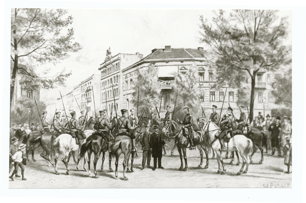 Tilsit, Thesingplatz, Abholung des Oberbürgermeister Pohl durch ein Kommando der Zarenarmee am 24.08. 1914