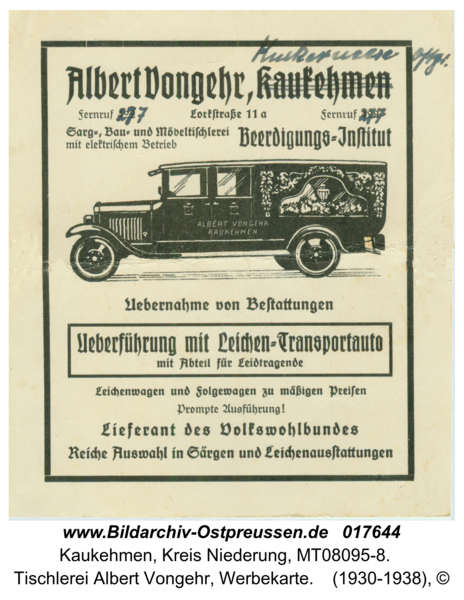 Kuckerneese, Tischlerei Albert Vongehr, Werbekarte