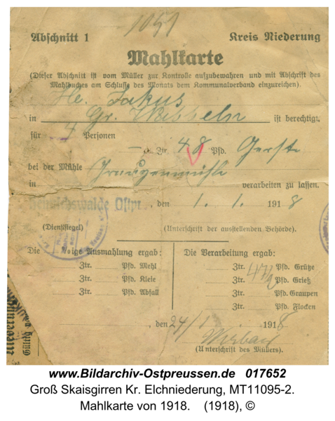 Kreuzingen, Mahlkarte von 1918