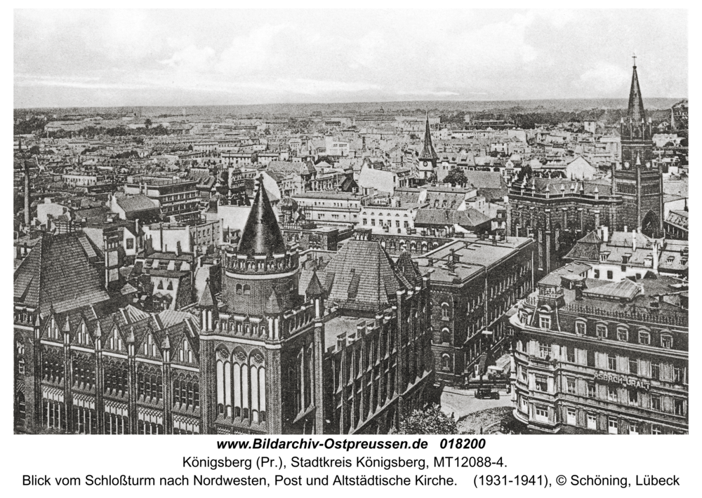 Königsberg, Blick vom Schloßturm nach Nordwesten, Post und Altstädtische Kirche