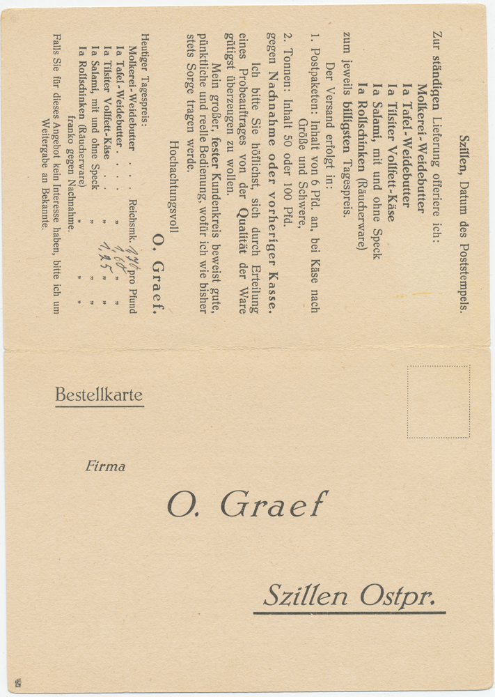 Schillen, Bestellkarte der Firma O. Graef