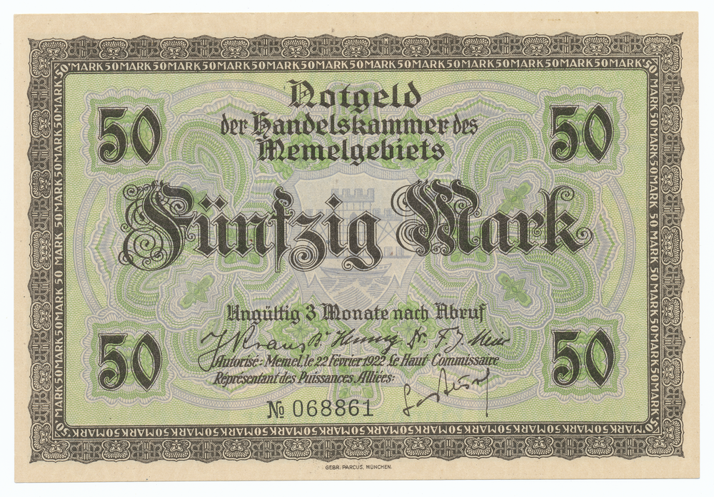 Memel, Notgeld 50 Mark, Vorder- und Rückseite