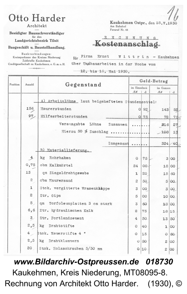 Kuckerneese, Rechnung von Architekt Otto Harder