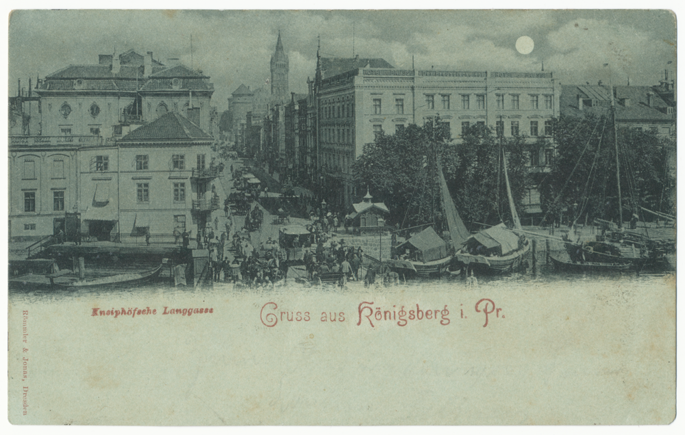 Königsberg (Pr.), Kneiphöfsche Langgasse, Grüne Brücke, Hotel "Der Preußische Hof", Hotel "de Prusse" und Schloss im Hintergrund