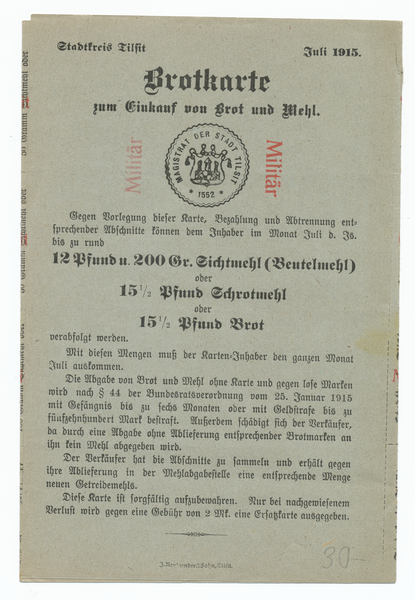 Tilsit, Titelseite zur Brotkarte des Stadtkreises Tilsit von 1915