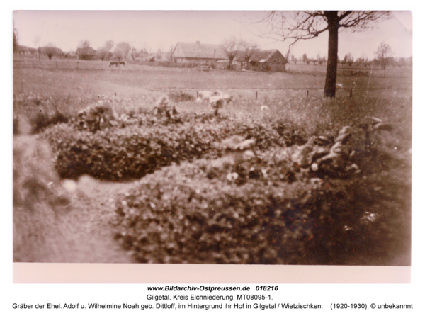 Gilgetal, Gräber der Ehel. Adolf u. Wilhelmine Noah geb. Dittloff, im Hintergrund ihr Hof in Gilgetal / Wietzischken