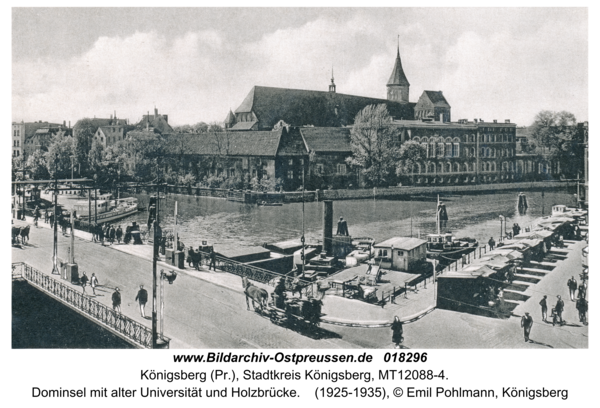 Königsberg, Dominsel mit alter Universität und Holzbrücke