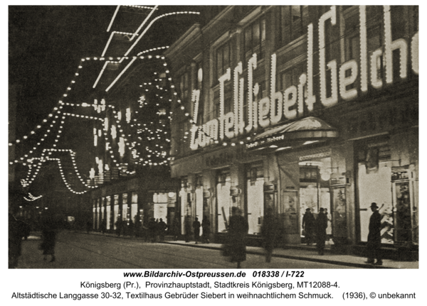 Königsberg (Pr.), Altstädtische Langgasse 30-32, Textilhaus Gebrüder Siebert in weihnachtlichem Schmuck