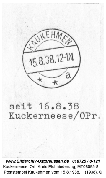 Kuckerneese, Poststempel Kaukehmen vom 15.8.1938