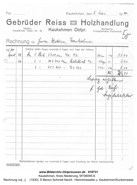 Kuckerneese, Rechnung von Gebrüder Reiss, Holzhandlung