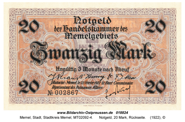 Memel, Notgeld, 20 Mark, Rückseite