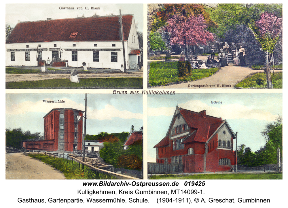 Ohldorf (Ostpr.) fr. Kulligkehmen, Gasthaus, Gartenpartie, Wassermühle, Schule