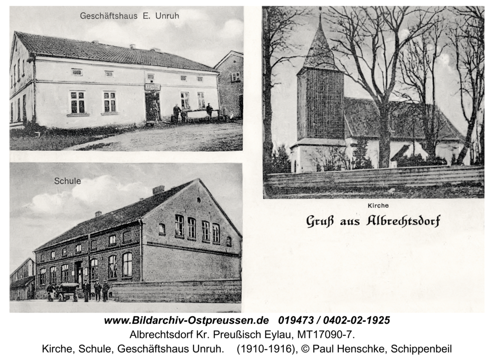 Albrechtsdorf Kr. Preußisch Eylau, Kirche, Schule, Geschäftshaus Unruh