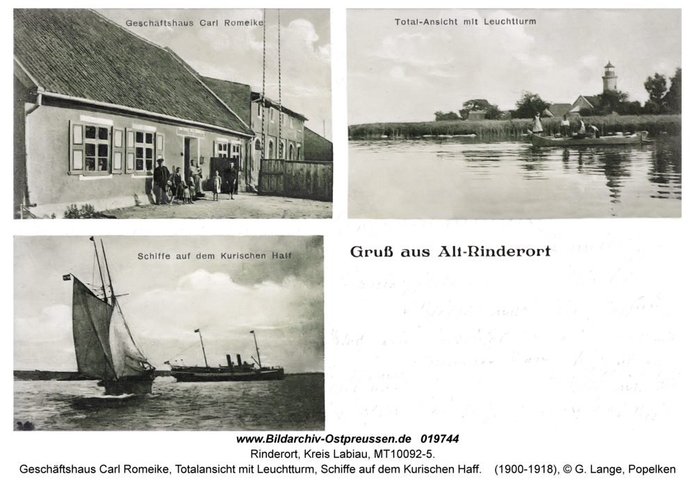 Alt Rinderort, Geschäftshaus Carl Romeike, Totalansicht mit Leuchtturm, Schiffe auf dem Kurischen Haff