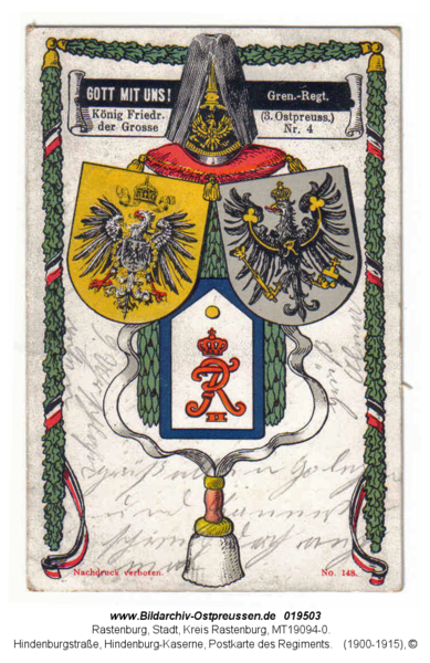 Rastenburg, Hindenburgstraße, Hindenburg-Kaserne, Postkarte des Regiments