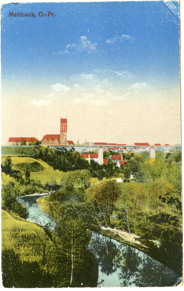 Mehlsack, Stadtansicht mit Eisenbahnbrücke