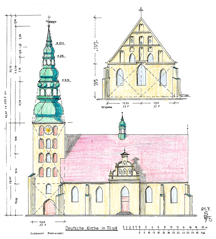 Tilsit, Deutsche Kirche, Südansicht und Ostgiebel