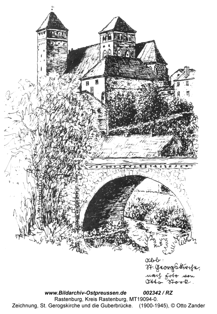 Rastenburg, St. Georg und die Guberbrücke, Zeichnung
