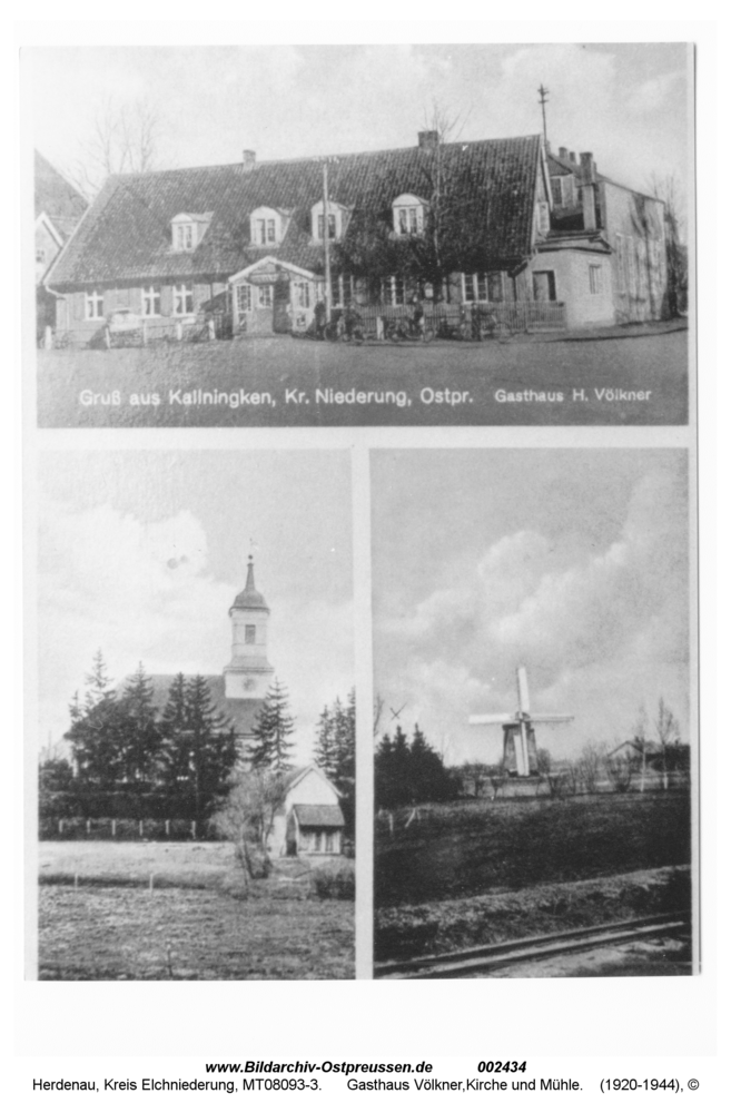 Herdenau, Poskarte mit 3 Motiven, Gasthaus Völkner, Kirche und Mühle