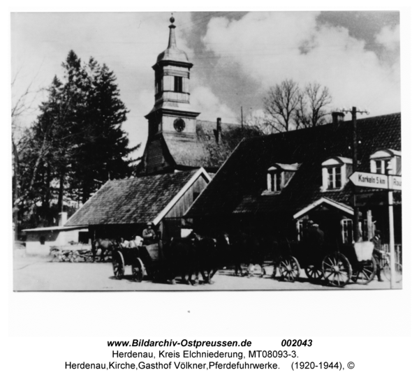 Herdenau, Kirche, Gasthof Völkner, Pferdefuhrwerke