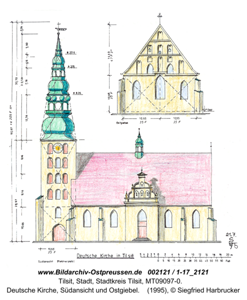 Tilsit, Deutsche Kirche, Südansicht und Ostgiebel