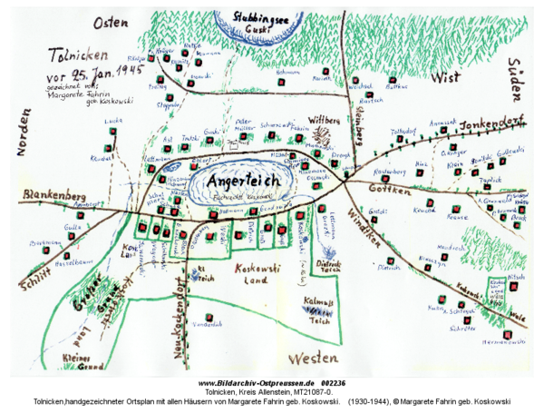 Tolnicken, handgezeichneter Ortsplan mit allen Häusern von Margarete Fahrin geb. Koskowski