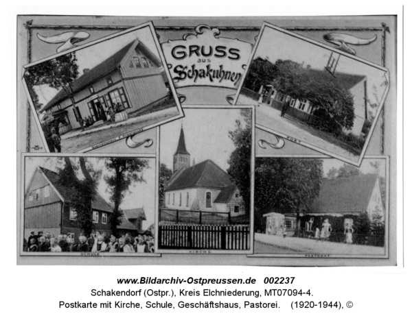 Schakendorf, Postkarte mit Kirche, Schule, Geschäftshaus, Pastorei