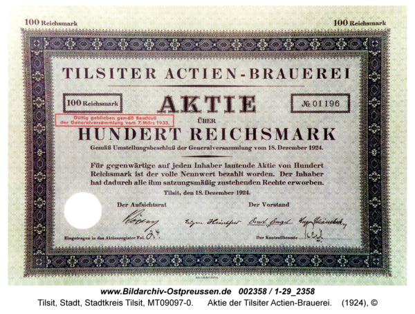 Tilsit, Aktie der Tilsiter Actien-Brauerei