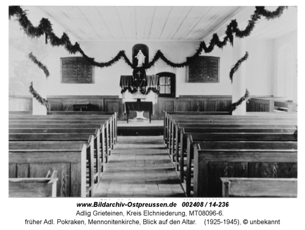 Adl. Grieteinen, früher Adl. Pokraken, Mennonitenkirche, Blick auf den Altar