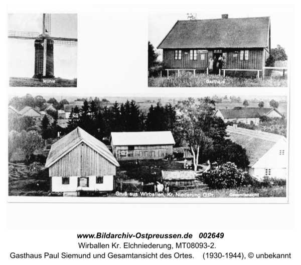 Warten (Wirballen). Motive: Mühle, Gasthaus Paul Siemund und Gesamtansicht des Ortes