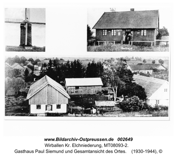 Warten (Wirballen). Motive: Mühle, Gasthaus Paul Siemund und Gesamtansicht des Ortes