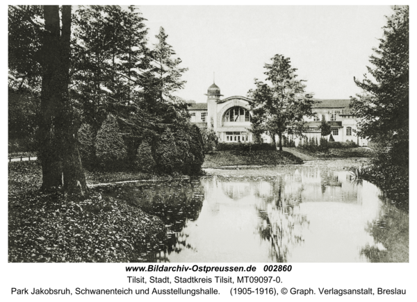 Tilsit, Park Jakobsruh, Schwanenteich und Ausstellungshalle